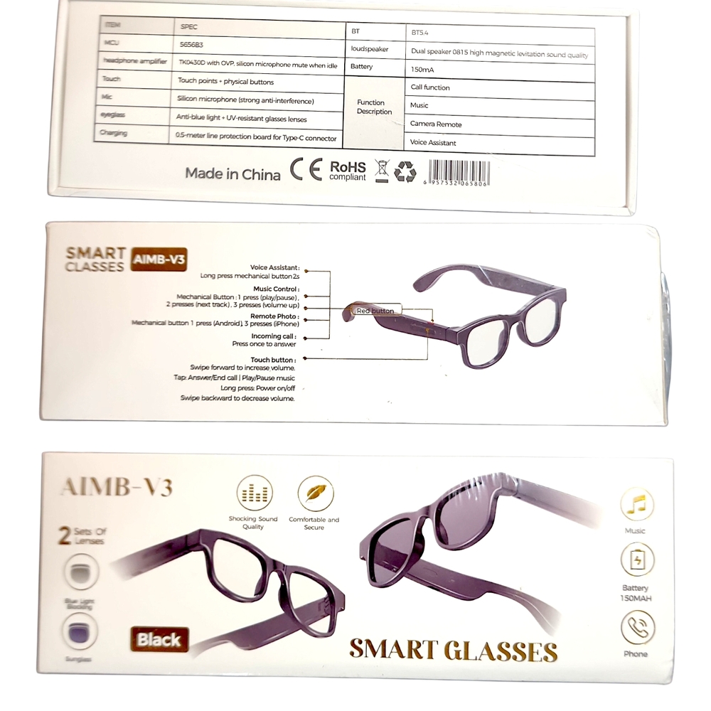 Smart Glasses Bluetooth Audio Sunglass Lenses Included - Black
